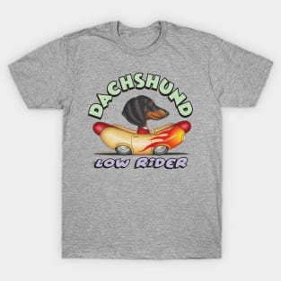 Cute Doxie Dog driving a lowrider Wienermobile with fire flames T-Shirt